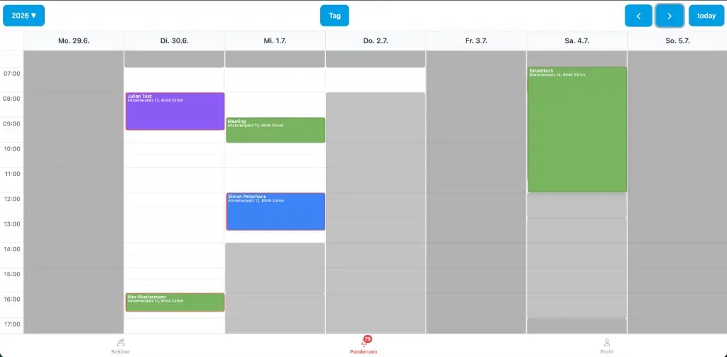 Simy Wochenkalender mit Fahrstunden und Kursblock